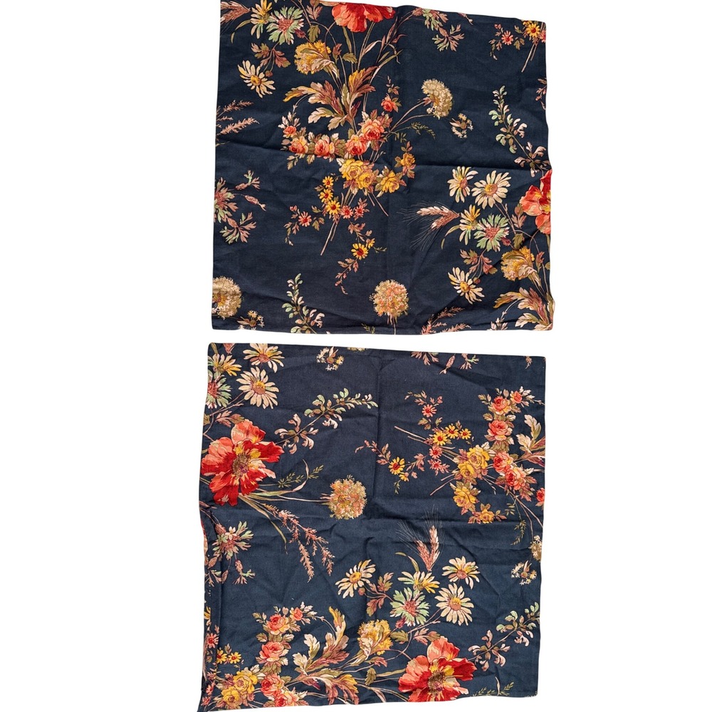 Pottery Barn Navy Blue Floral Botanical Cotton Linen 20x20 Pillow Covers Pair -2